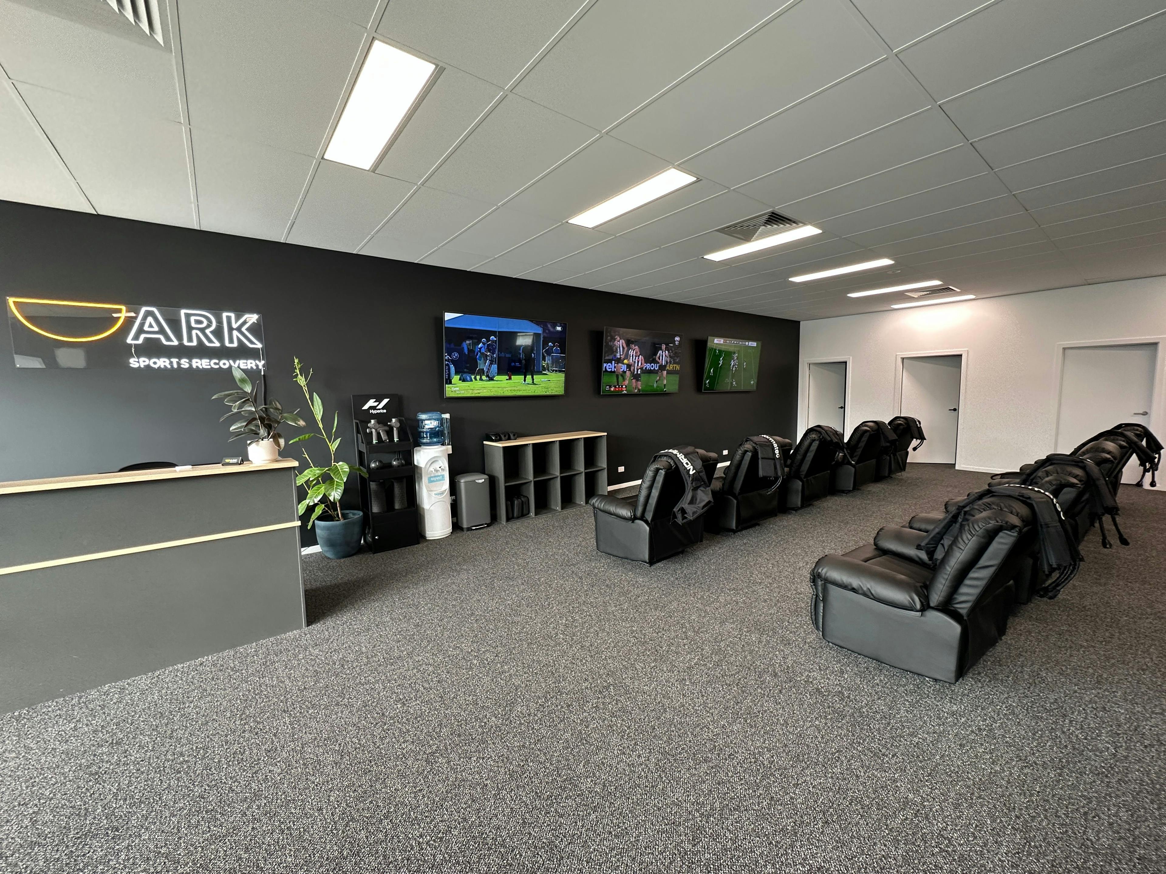The Ark Sports Recovery lounge is a great place to relax while using the Normatec recovery boots